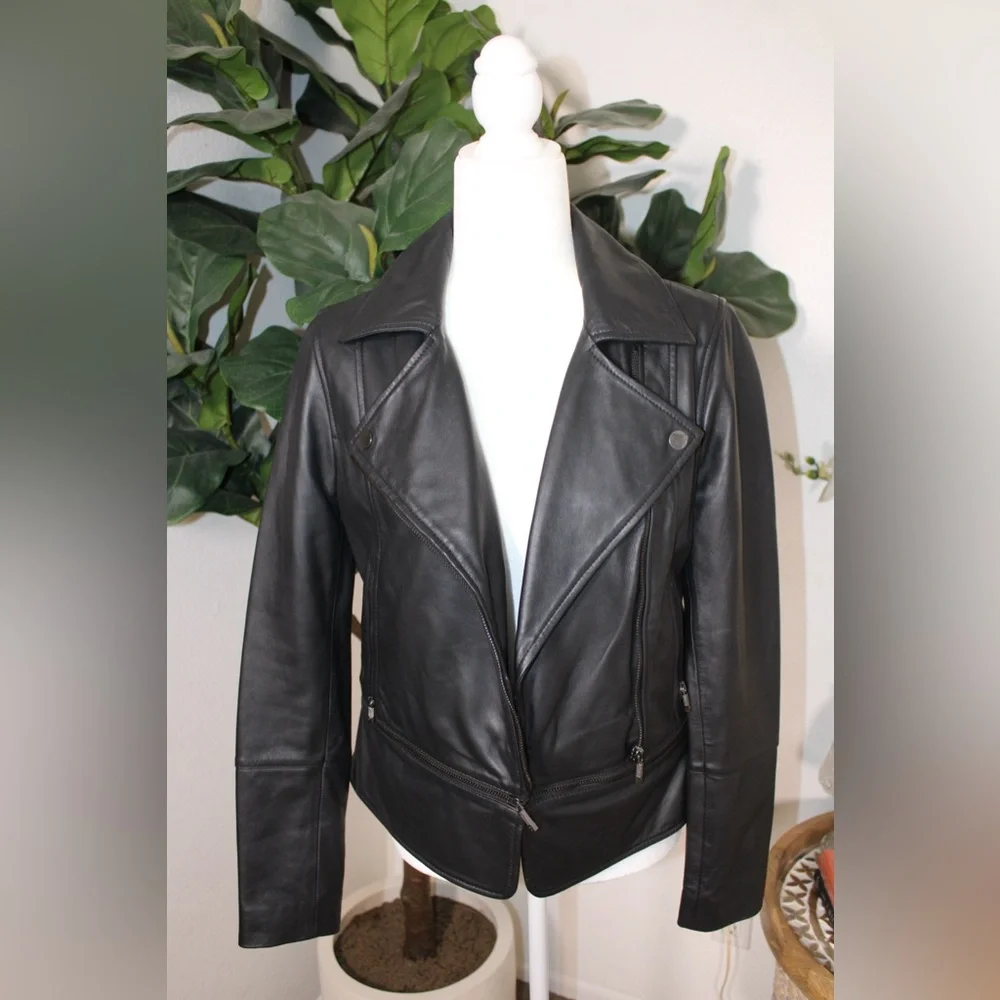 Ted Baker Black Yaswin 100% Ovine Leather Biker Jacket - Picture 4 of 17